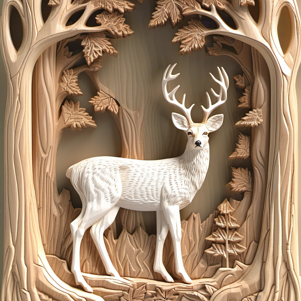 Intricate Wooden Carving of a Deer Surrounded by Trees and Leaves